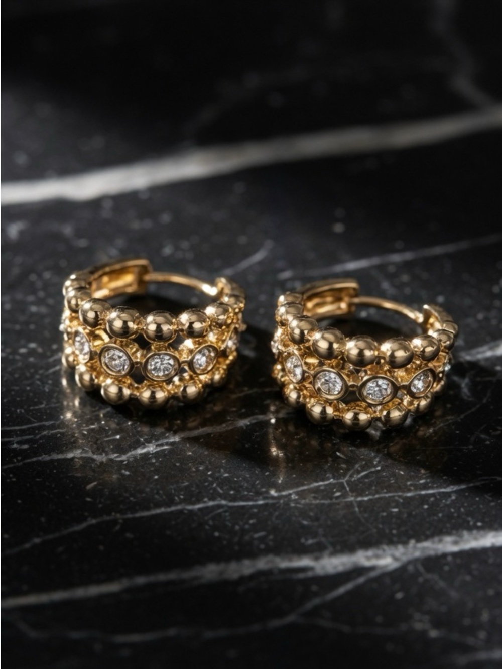 Brand New Gold Plated Beaded CZ Huggie Earrings